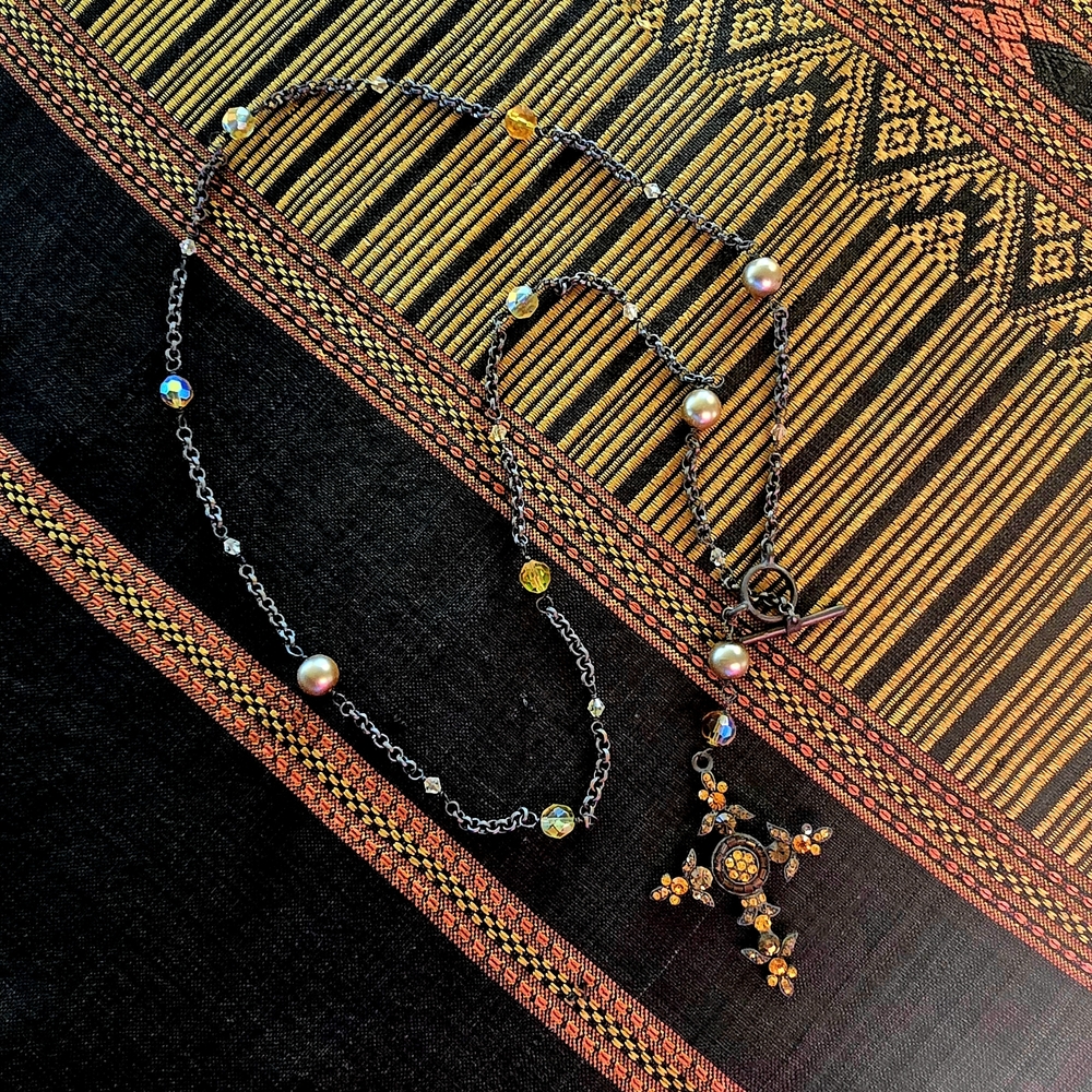 Dark Academia Eclectic Cross ✝️ Dark Metals Warm-Toned Crystals Pendant Necklace